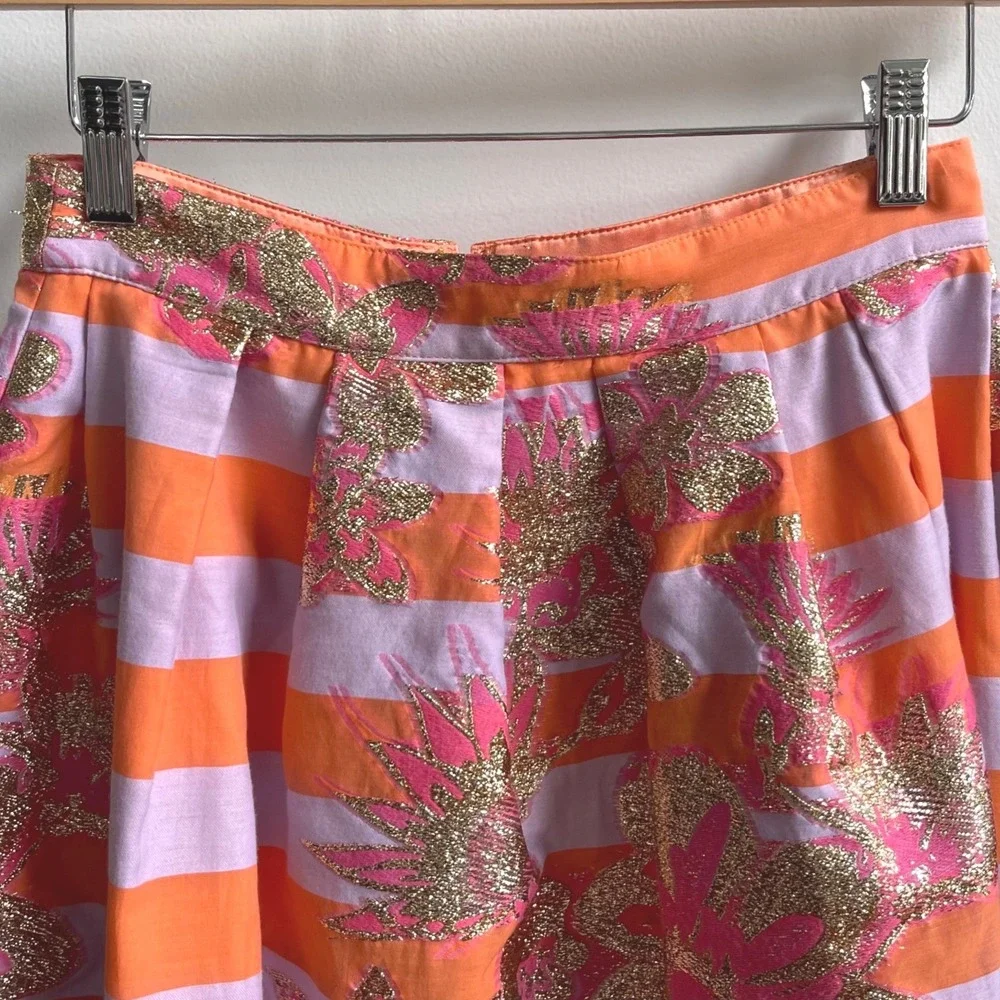 Lilly Pulitzer Lauderdale Midi Skirt Papaya 00 Orange Pink Gold Floral Metallic